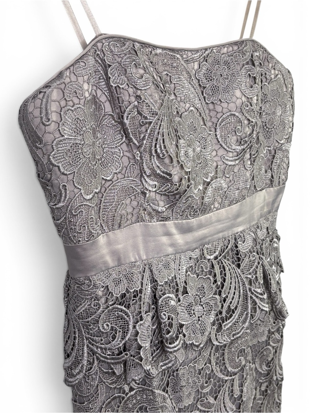 Adrianna Papell Silver Grey Lace Strapless Peplum Cocktail Dress Size 8 - Picture 4 of 12